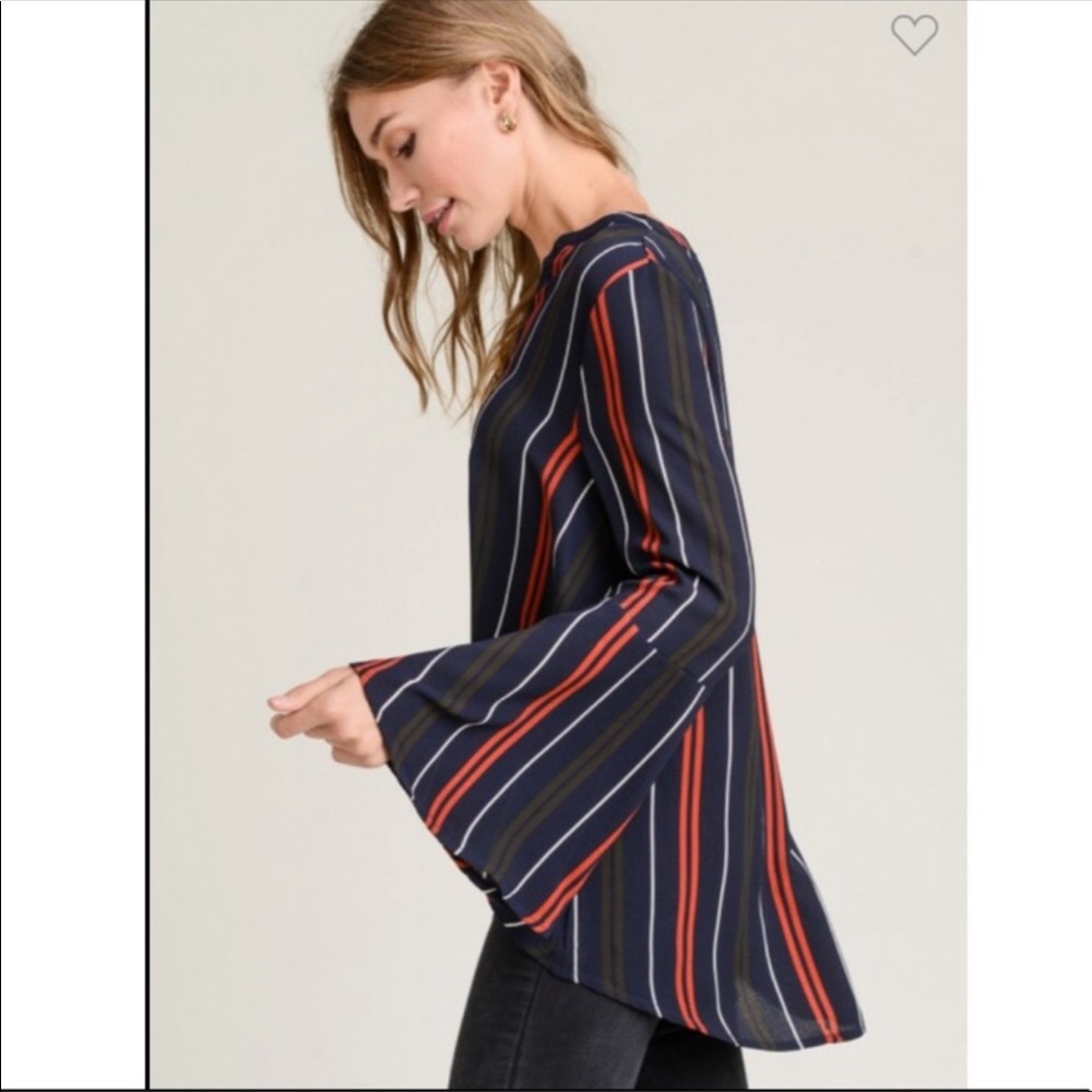JODIFL BELL SLEEVE STRIPED TOP HIGH LOW HEM BLUE RED WHITE SIZE LARGE NEW - Picture 8 of 15